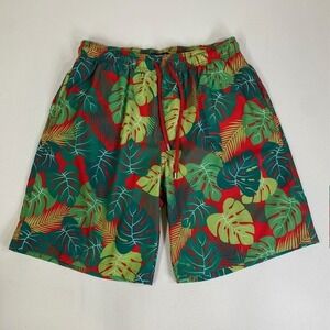 Capelle Tropical Leaf Swim Trunks Red Green Drawstring‎ XL
